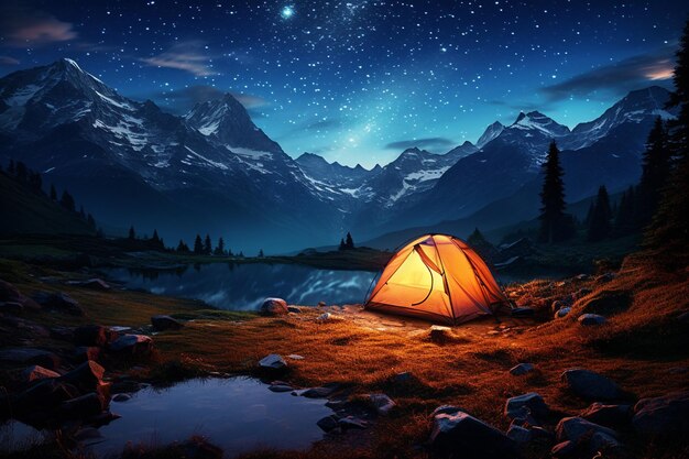 acampar en las montañas carpa turística en las montañas por la noche con cielo estrellado concepto de viaje