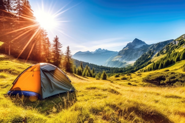 Acampar en las montañas en un día soleado