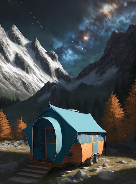 acampar en las montañas. remolque, caravana, viaje, rocas, paisaje de estrellas