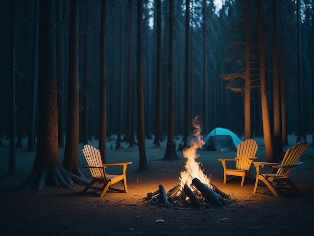 Acampar na floresta à noite com uma fogueira e duas cadeiras