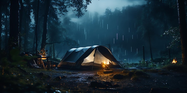 Acampar na floresta à noite com uma tenda e uma chuva