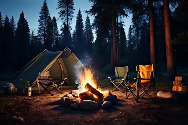 Acampar na floresta à noite Ilustração de renderização 3D.