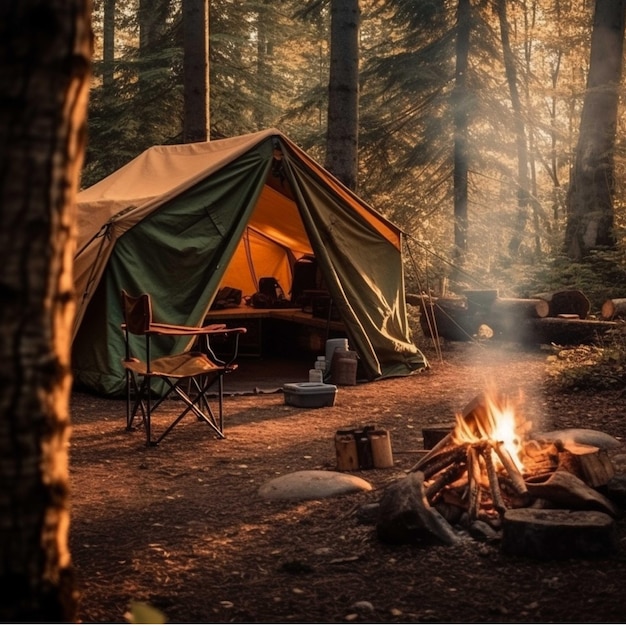 Acampar na floresta com fogueira e barraca no chão