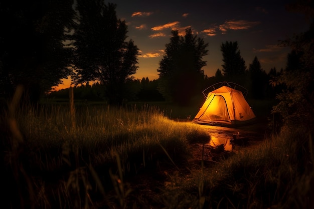 Acampar na floresta com fogueira e barraca