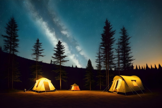 Acampar na floresta Tenda na selva sob o céu noturno cheio de estrelas e fundo de paisagem natural da Via Láctea Conceito de estilo de vida ao ar livre IA generativa