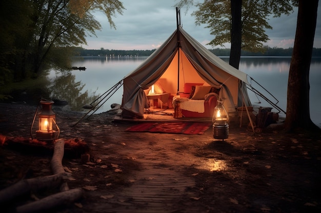 Acampar na margem de um lago à noite com uma barraca