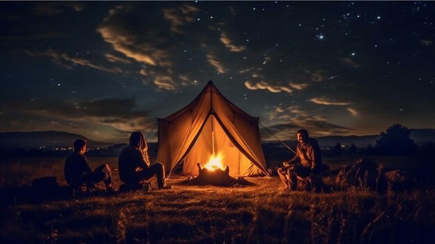 Acampar por la noche en las montañas Pareja sentada cerca de la fogata