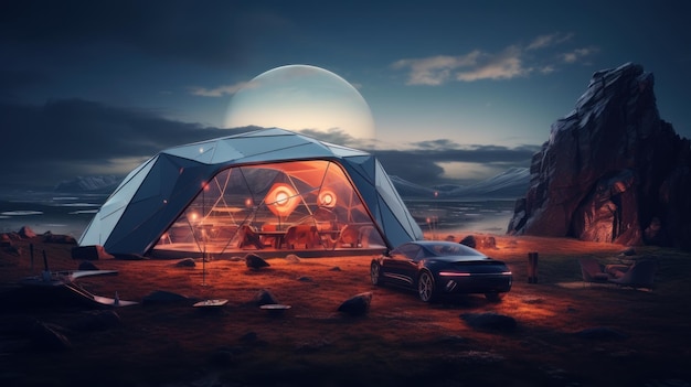 Acampar nocturno en el coche del futuro en un estilo futurista El concepto de viaje y actividades al aire libre