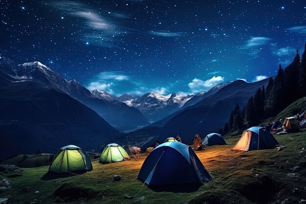 Acampar en tiendas de campaña en la naturaleza de las montañas de la noche Me encanta viajar a las montañas