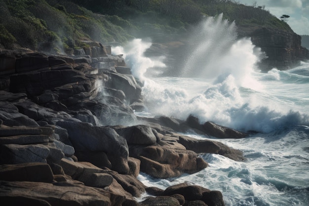 Acantilado costero con olas rompiendo contra las rocas espumando y espumando creado con ai generativo