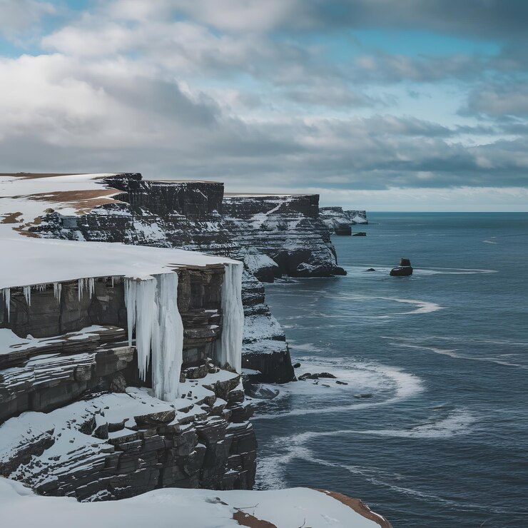 Un acantilado cubierto de nieve con una cascada y un acantilado con el océano en el fondo
