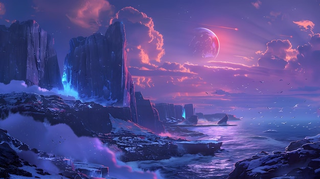 Un acantilado futurista con caras de roca bioluminescentes y cielos brillantes que crean