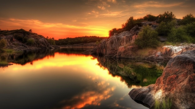 Acantilado y lago sereno al atardecer