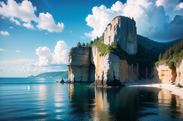 Acantilado y paisaje natural de montaña junto al fondo de papel tapiz del mar con vistas a la vista lejana