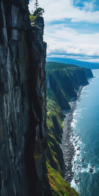 Foto un acantilado que tiene un acantilado that has a beach and a cliff on it