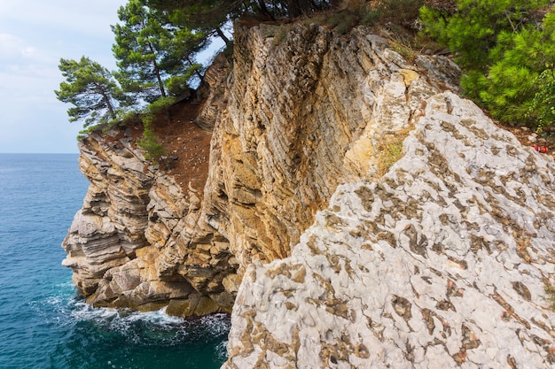 Acantilado rocoso de piedra y pino en capas sobre el mar turquesa