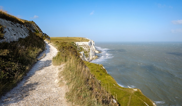 Acantilados blancos de hierba de dover cielo despejado mar inglaterra reino unido