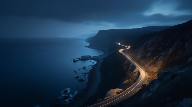 Los acantilados de las carreteras de montaña por la noche el tonalismo temperamental y la animada costa