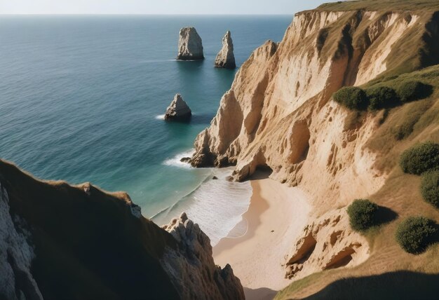 Acantilados costeros con una playa de arena y dos formaciones rocosas en el mar durante el día