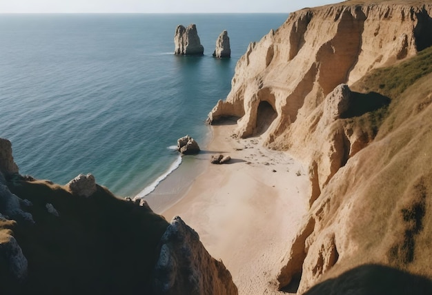 Acantilados costeros con una playa de arena y dos formaciones rocosas en el mar durante el día