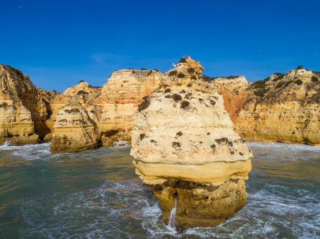 Acantilados de roca y olas en Algarve