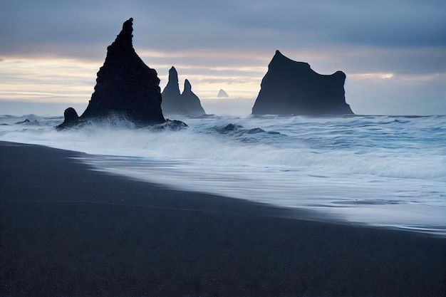 Acantilados rocosos y cantos rodados en la costa oscura de la playa de islandia