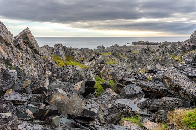 Acantilados rocosos en la costa del Mar de Barents, el Parque Nacional Varangerhalvoya, la península de Varanger, Finnmark, Noruega