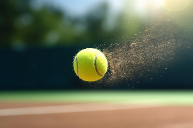 Foto ação de tênis dinâmica bola de tênis no ar com raquete na quadra