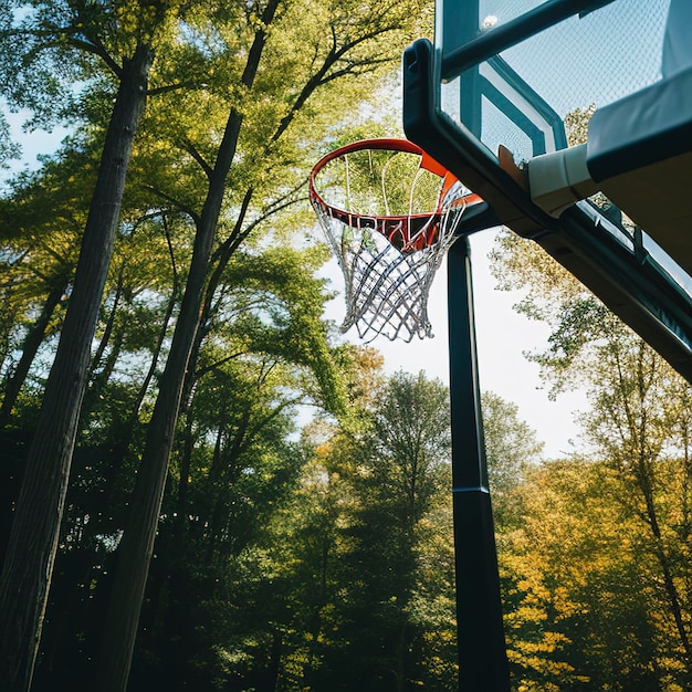 Ação de tiro de basquete cai através de aro de basquette e rede no fundo da natureza