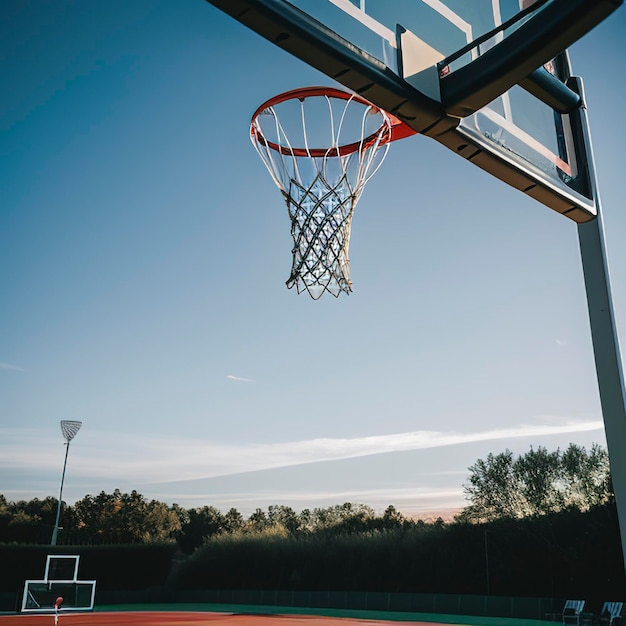 Ação de tiro de basquete cai através de aro de basquette e rede no fundo da natureza