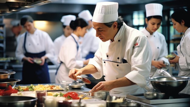 Ação de um chef profissional a trabalhar na cozinha de um restaurante num fundo escuro