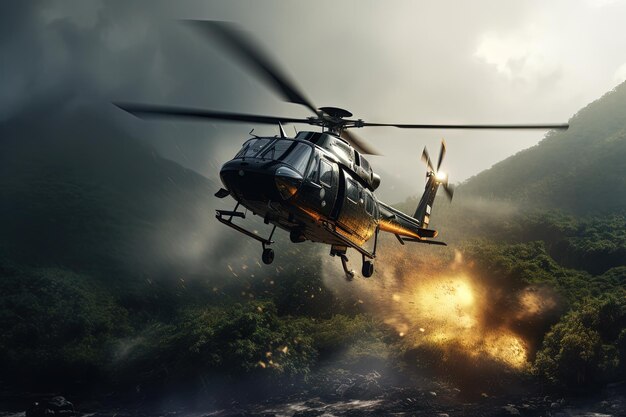 Ação filmada com helicóptero pairando no ar sobre chamas e explosões Cena dinâmica em estilo blockbuster de filme de ação IA gerada