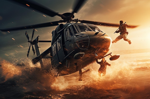 Ação filmada com helicóptero voando no ar Cena dinâmica em estilo blockbuster de filme de ação Gerada por IA