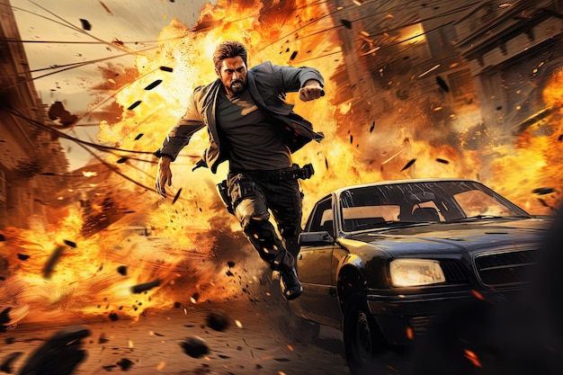 Ação filmada com um homem fugindo de uma explosão em um carro Cena dinâmica com fogo em estilo de filme de blockbuster gerado por IA