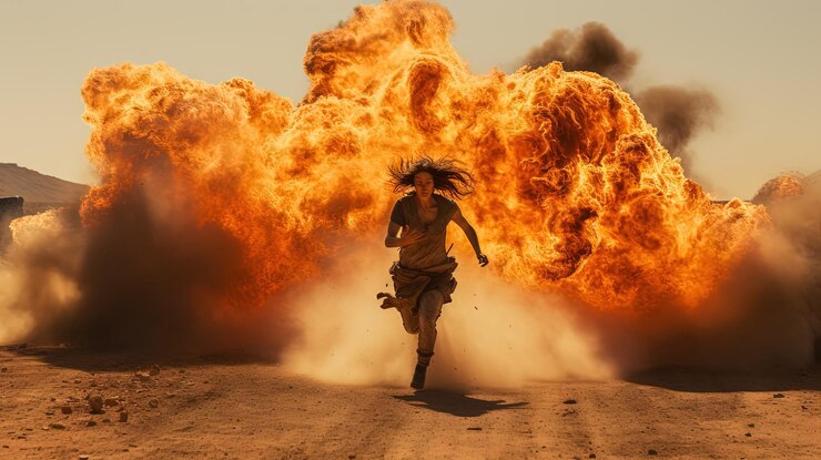 Foto ação filmada com uma mulher caminhando deixando fogo e explosões atrás de suas costas cena dinâmica em estilo de filme de ação blockbuster