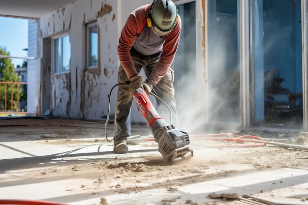 Ação no canteiro de obras para remover piso de concreto