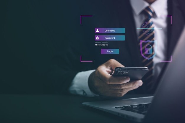 Acceda de forma segura a datos financieros personales con un escáner de huellas dactilares biométrico futurista en un teléfono inteligente