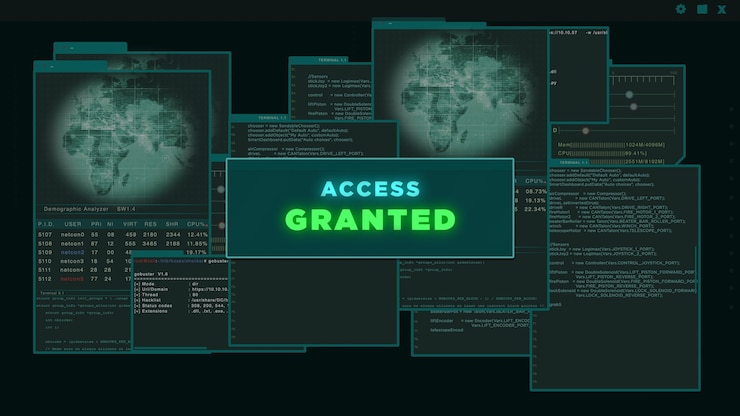 Foto acceso concedido: interfaz virtual o hud que presenta datos de un servidor pirateado sobre fondo verde oscuro. ciberataque y crimen