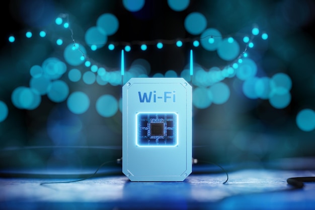 Foto acceso inalámbrico a internet a través de wi-fi switcher concepto de red inalámbrica wi-fi un nuevo estándar inalámbrio router wi-fi futurista renderizado en 3d