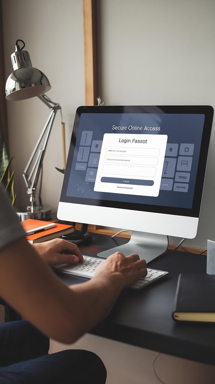 Foto acceso seguro en línea con contraseña y página de inicio de sesión para administrar la cuenta de perfil personal