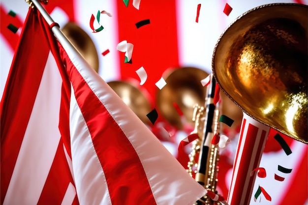 Foto accesorios y adornos de la mascota del símbolo de la bandera del carnaval brasileño con los colores de las escuelas de samba rojo y blanco