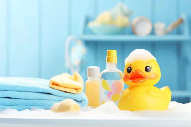 Foto accesorios de baño para bebés botellas de champú con juguete de pato y toallas