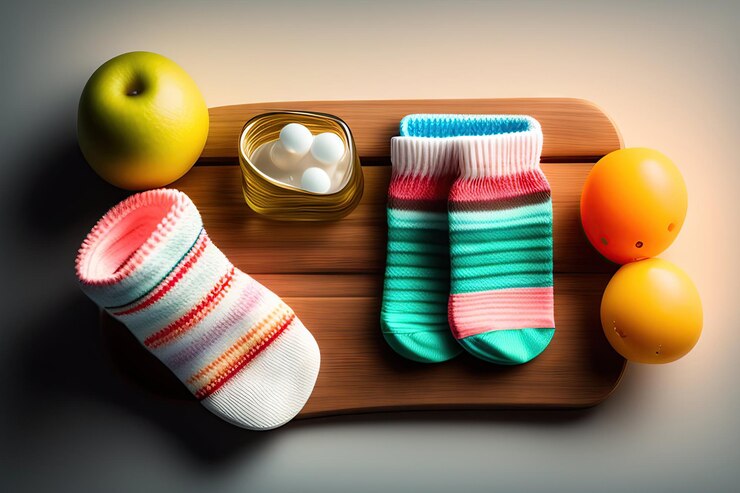 Foto accesorios para bebés para recién nacidos calcetines y chupete con fondo de madera ligera concepto de maternidad
