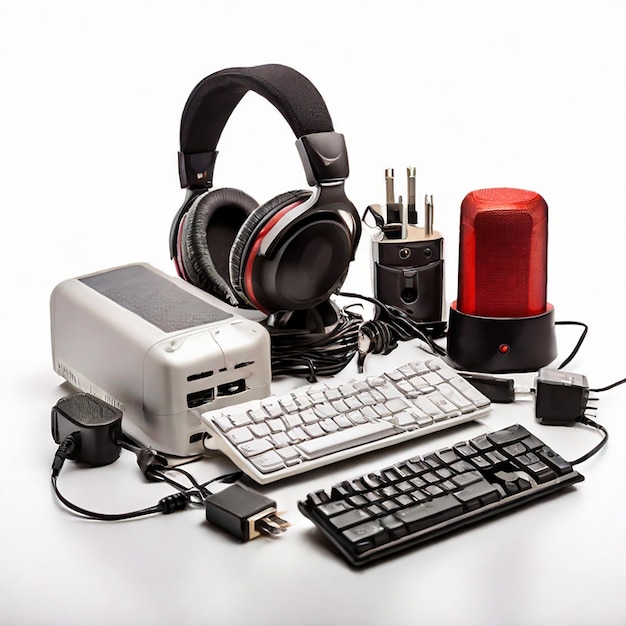 Accesorios para computadoras aislados sobre un fondo blanco