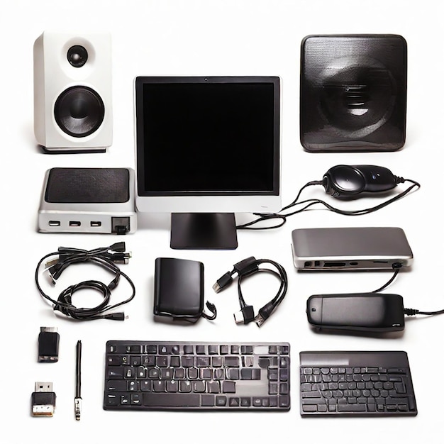 Accesorios para computadoras aislados sobre un fondo blanco
