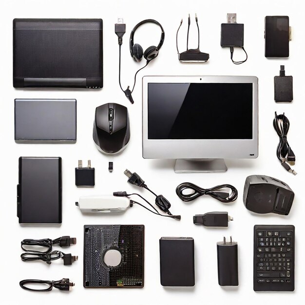 Accesorios para computadoras aislados sobre un fondo blanco