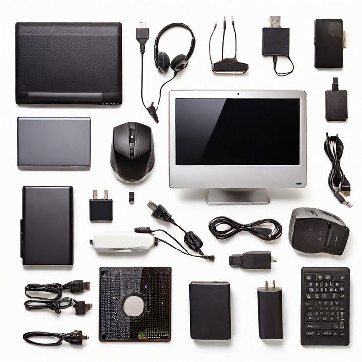 Foto accesorios para computadoras aislados sobre un fondo blanco