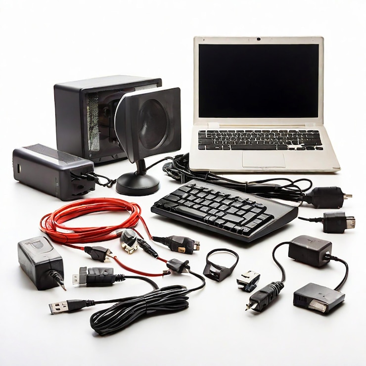 Foto accesorios para computadoras aislados sobre un fondo blanco