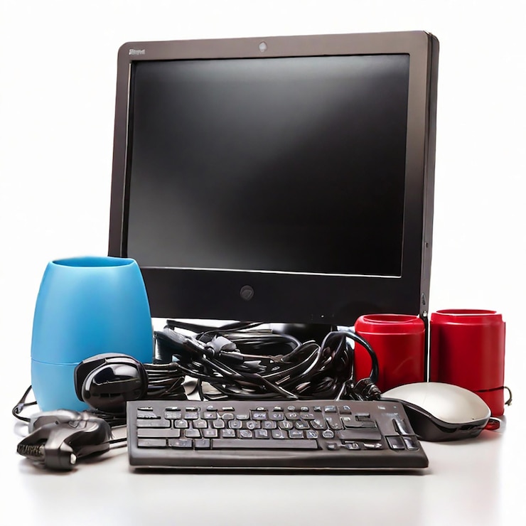 Foto accesorios para computadoras aislados sobre un fondo blanco