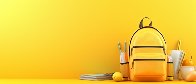 Accesorios escolares con mochila escolar sobre fondo amarillo